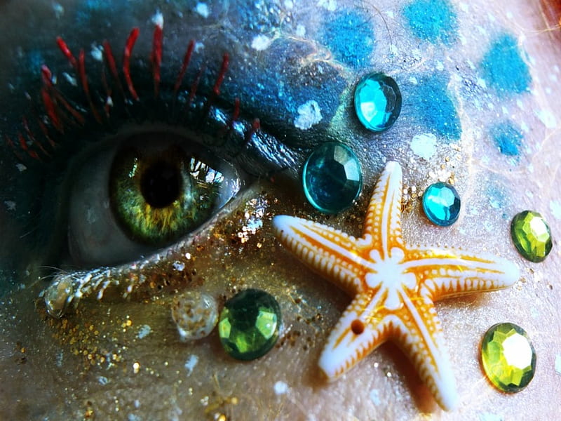 **EYES SEA**, pretty, bonito, woman, star fish, fashions, beauty, girls, female, lovely, mermaid, abstract, legendary, make up, cute, magical, crystal, eyes, HD wallpaper