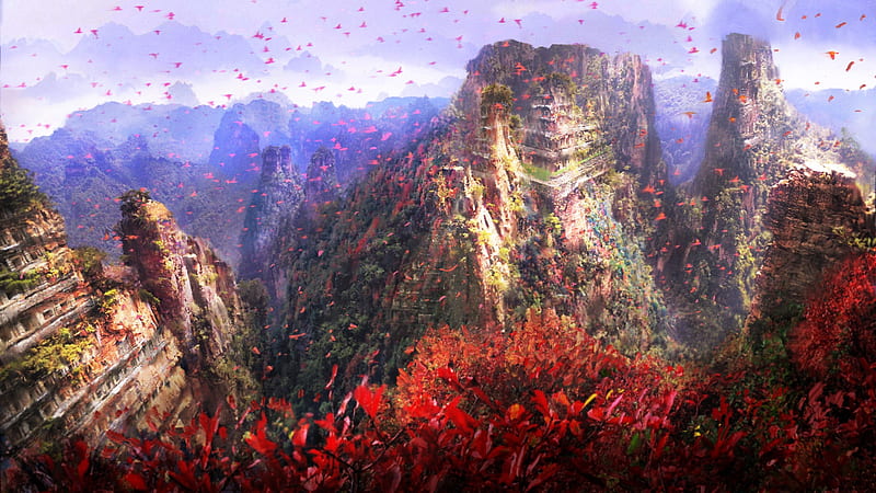 Ancient city, mountain, art, max devyataev, red, world, fantasy, luminos, flower, HD wallpaper