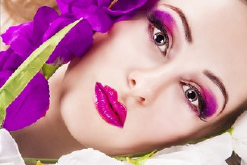 :), lip, eyeshadow, purple make up, gorgeous face, brunettes, femininity, dreamer, beauty, iris flower, face, HD wallpaper