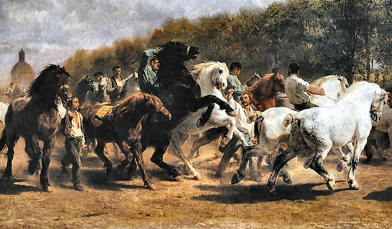 The Horse Fair - 1855, art, horse fair, equine, bonito, Rosa Bonheur, Bonheur, horse, artwork, animal, painting, HD wallpaper