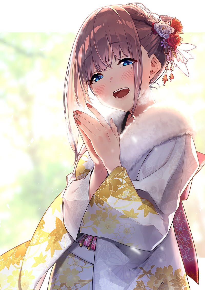 Kimono, brown hair, anime girl, smiling, happy face, Anime, HD phone  wallpaper | Peakpx