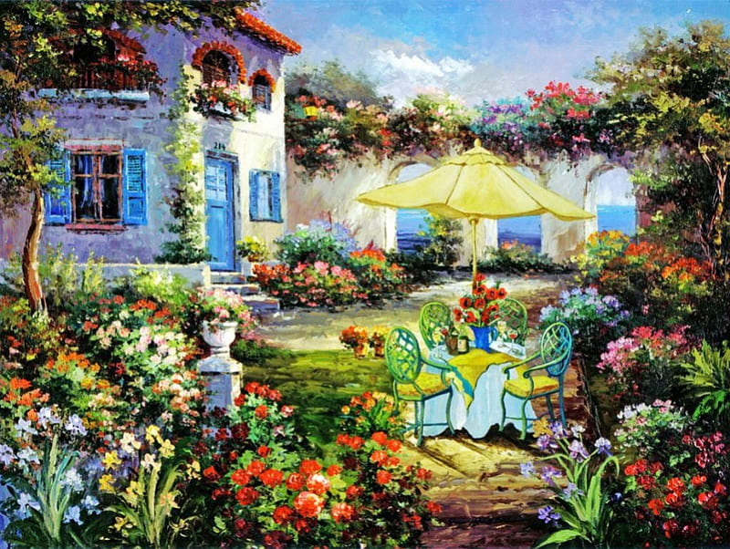 Garden Party, table, house, chairs, flowers, artwork, HD wallpaper