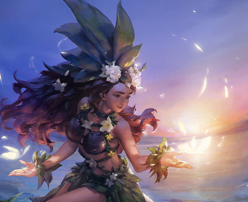 Hawaiian dancer, jungsun lee, art, fantasy, girl, luminos, flower, HD wallpaper
