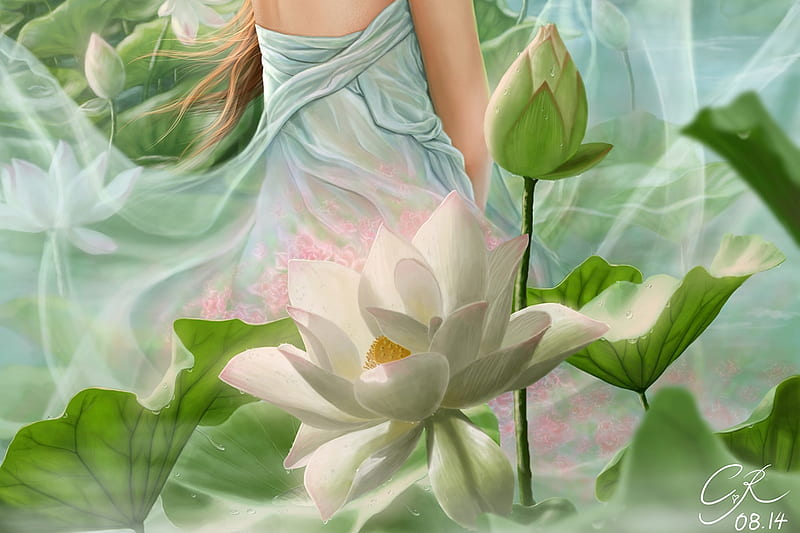 Lotus, green, luminos, flower, white, art, frumusete, crystal rain, crystalrain, fantasy, crystalrain272, HD wallpaper