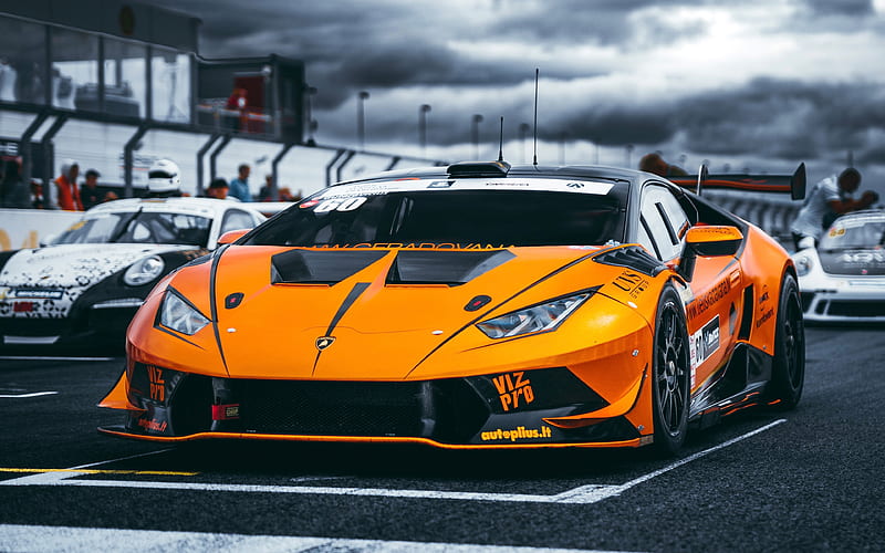 Lamborghini Huracan, racing cars, 2019 cars, raceway, hypercars, orange Huracan, supercars, italian cars, Lamborghini, HD wallpaper