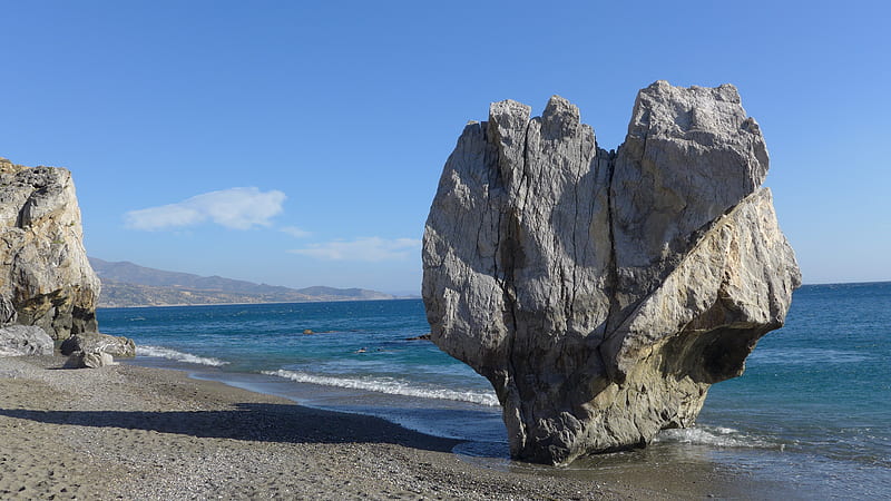 Heart-shaped rock, Preveli beach in Rethymno, Crete island, Greece, holidays, Crete, sky, sea, beach, graphy, Greece, trip, heart, summer, island, blue, HD wallpaper