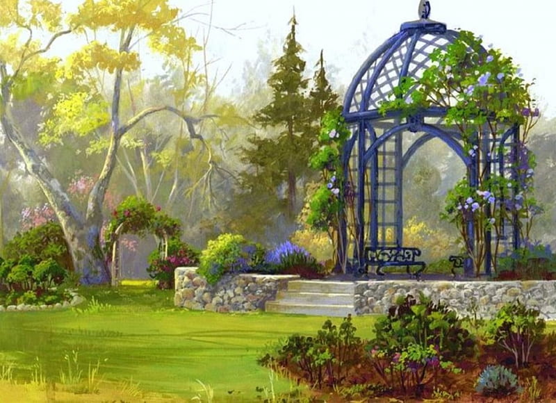 The Great Gazebo, draw and paint, love four seasons, attractions in dreams, trees, paintings, flowers, garden, lawn, gazebo, HD wallpaper
