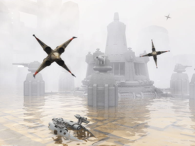 flooded citadel, ships, cannons, water, smoke, HD wallpaper