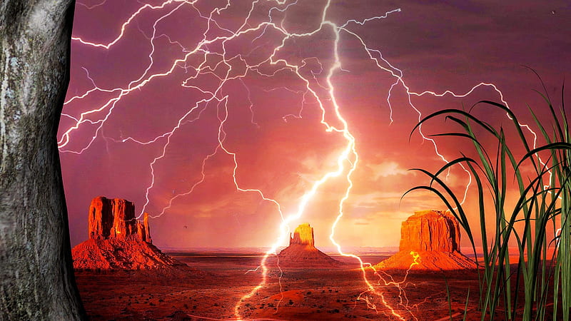 Desert Storm, Monument Valley, Sky, Clouds, Storms, Deserts, Lightning, Nature, HD wallpaper