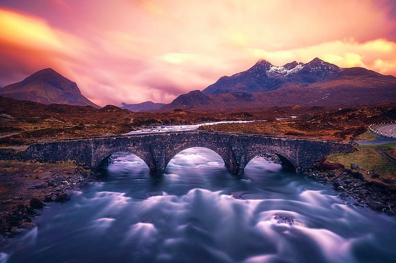 Sunset at Sligachan Old Bridge, Isle of Skye, Scotland, mountains, highlands, river, sunset, clouds, sky, HD wallpaper