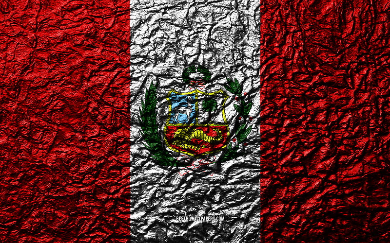Flag of Peru stone texture, waves texture, Peruvian flag, national symbol, Peru, South America, stone background, HD wallpaper