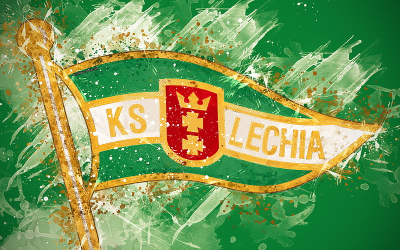 Lechia Gdansk paint art, logo, creative, Polish football team, Ekstraklasa, emblem, green background, grunge style, Gdansk, Poland, football, HD wallpaper