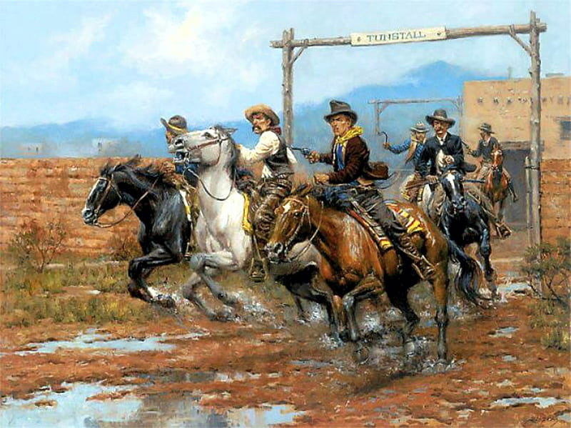 The Old West, men, town, painting, artwork, horses, vintage, landscape, HD wallpaper