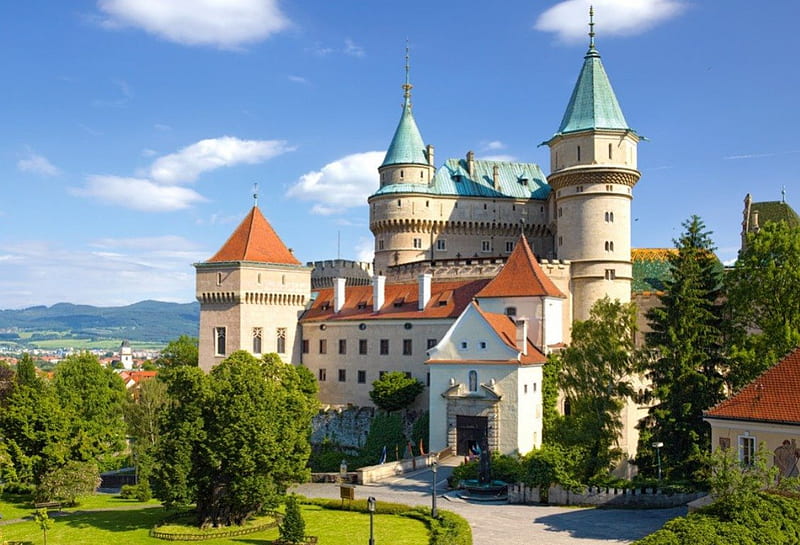 Castle of Bojnice, Slovakia, building, towers, road, trees, landscape, HD wallpaper