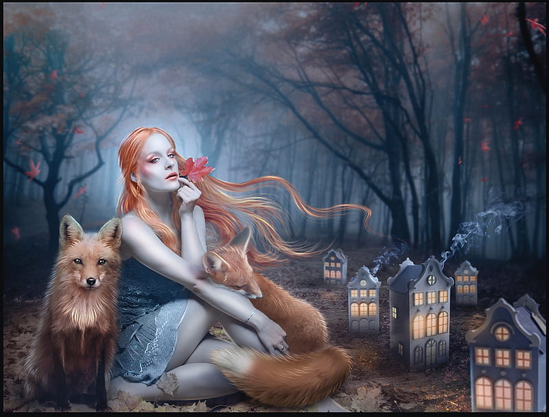 Home for strangers, forest, luminos, redhead, manipulation, 1simplemanips1, animal, fantasy, vulpe, girl, fox, HD wallpaper
