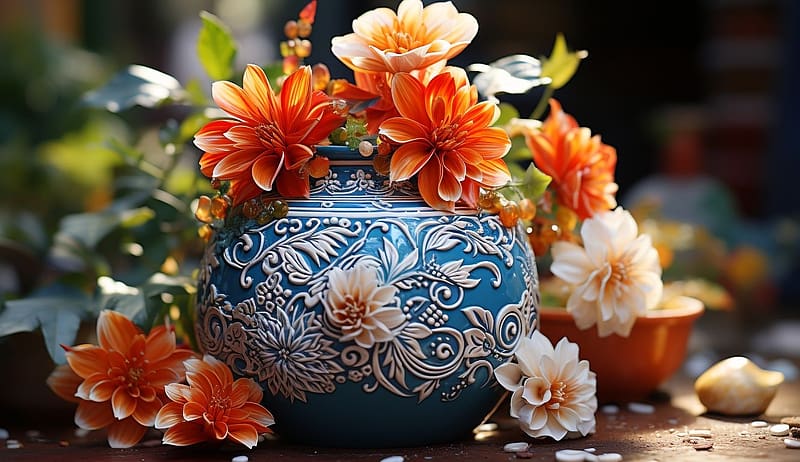 Dahlias in a decorative ceramic vase, szines, vaza, dalia, dekorativ, viragok, HD wallpaper