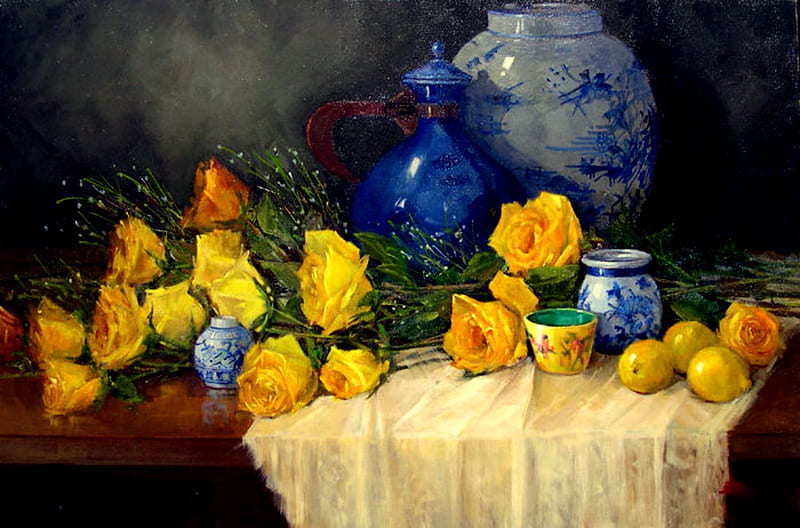 Yellow Forever Roses, yellow roses, table, still life, blue vases, fabric, flowers, roses, HD wallpaper