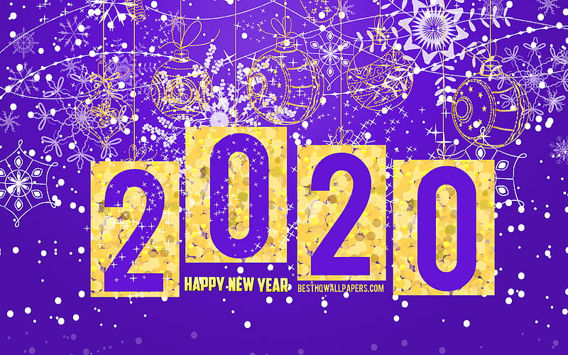 2020 purple background, Happy New Year 2020, Purple 2020 Christmas background, 2020 concepts, New Year 2020, Background with golden christmas balls, 2020, Christmas, HD wallpaper