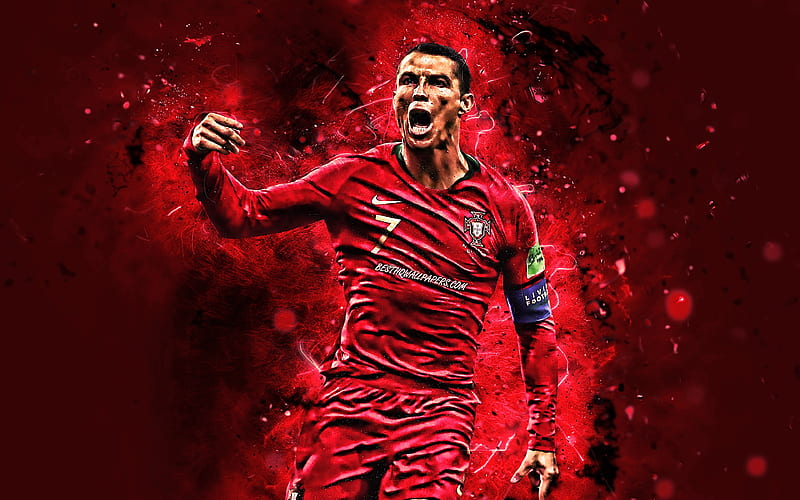 Cristiano Ronaldo, goal, Portugal National Team, soccer, CR7, neon lights, red background, Portuguese football team, HD wallpaper