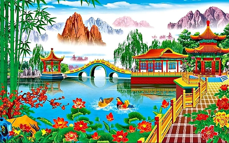 Pavilion, colorful, China, bridge, flowers, HD wallpaper
