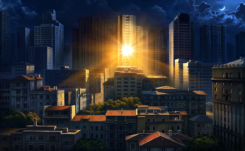 cityscape, illustration, sunrise, morning, clouds, crescent, artwork, City, HD wallpaper
