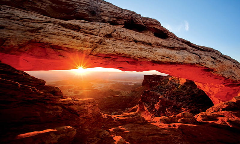 Mesa Arch, Mesa, sun, rock, arch, shawdows, nature, canyon, red, Sunset, splendor, HD wallpaper