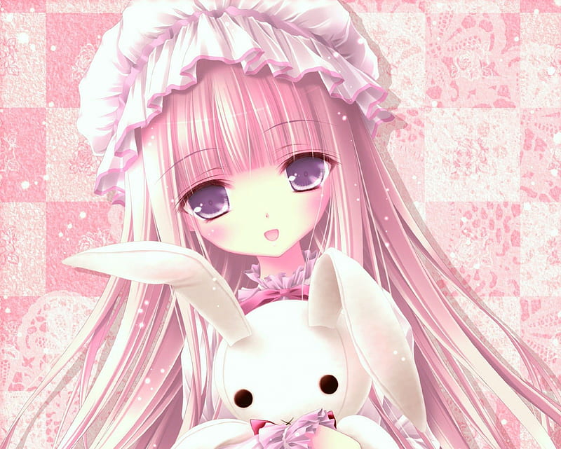 HD   Bunny Chan Divine Beautiful Sublime Elegant Anime Purple Eye Beauty Anime Girl Long Hair Pink Rabbit Female Toy Smile Happy Cute Girl Stuff Animal Bunny Pink Hair 