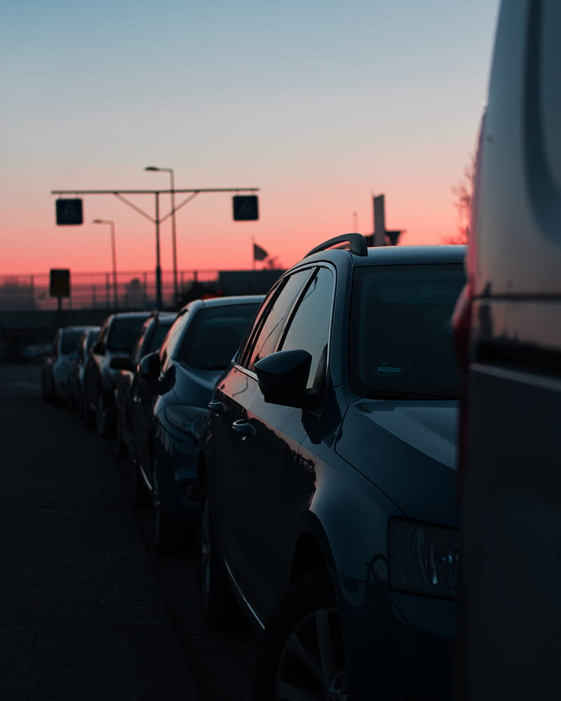 carros, sunset, traffic, sky, HD phone wallpaper