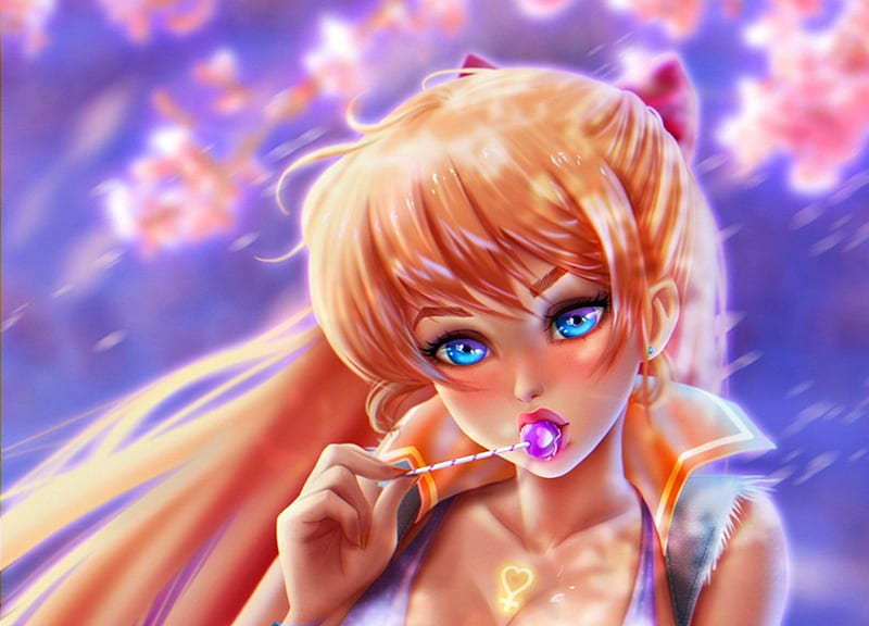 Sailor Venus, art, lollipop, orange, manga, blonde, fantasy, girl, purple, anime, sailor moon, prywinko, pink, HD wallpaper