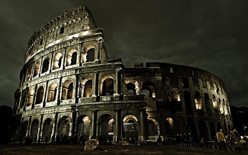 Colosseum, architecture, monuments, bonito, rome, sky, clouds, italy, night, HD wallpaper