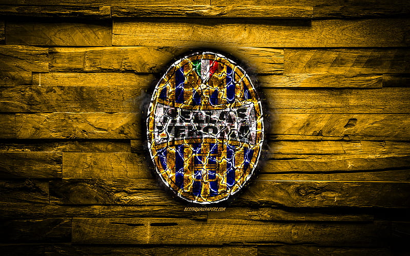 Hellas Verona FC, burning logo, Serie B, yellow wooden background, italian football club, Hellas Verona, grunge, football, soccer, Hellas Verona logo, Verona, Italy, HD wallpaper