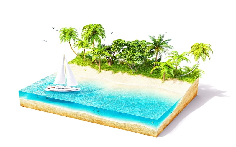 3d island, tropical island, boat, beach, coast 3d, HD wallpaper