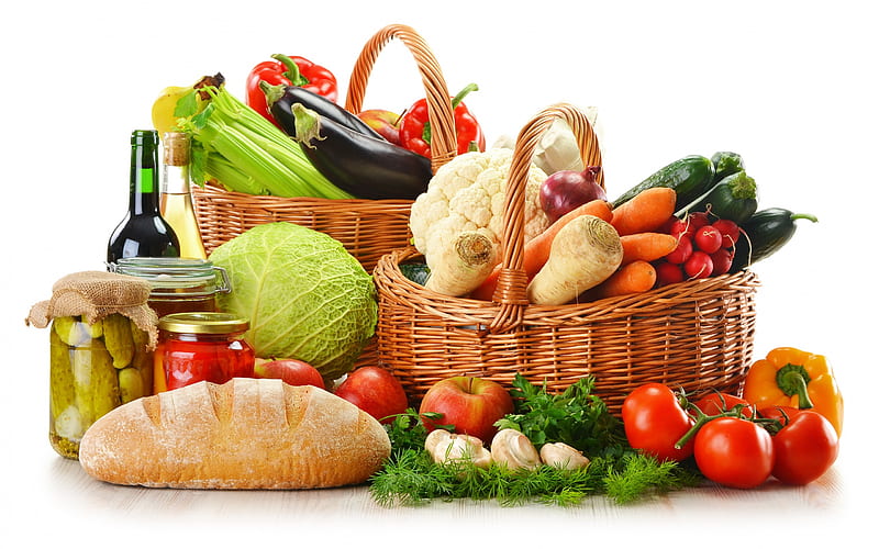 basket with vegetables, food, bread, healthy food concepts, HD wallpaper
