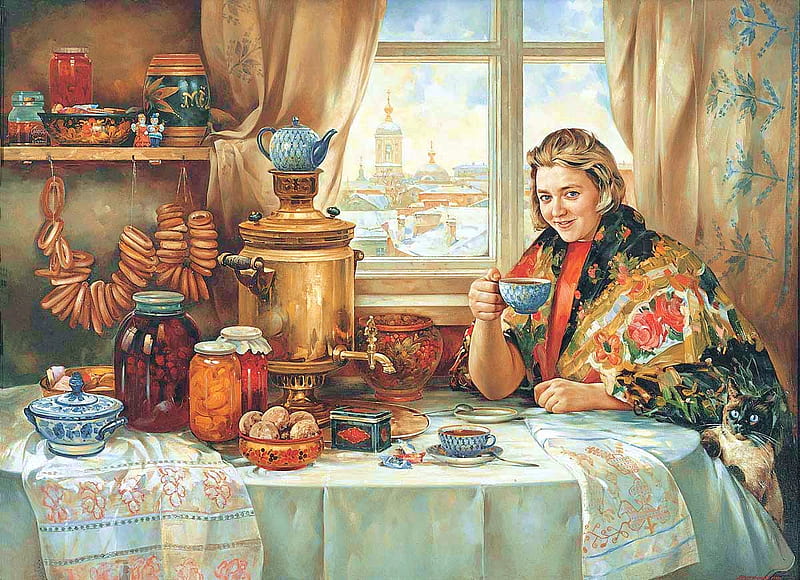 Enjoying My Tea, table, window, shelf, woman, kitchen, cup, relaxing, preserves, jars, HD wallpaper