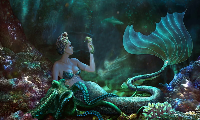 Lovely Mermaid, dreamy, green, sea creatures, Lovely, Mermaid, ocean, magical, mythology, water, HD wallpaper