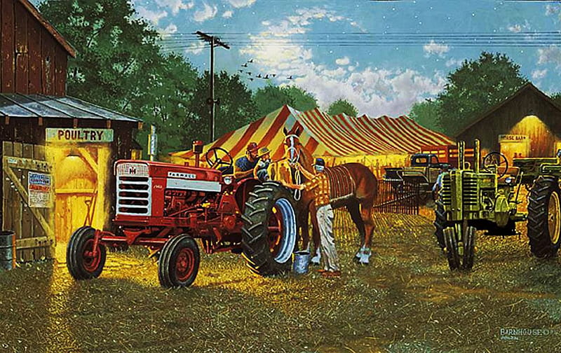 Horsepower, tractor, people, tent, shed, horse, artwork, HD wallpaper