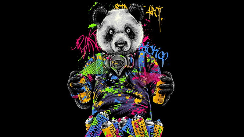 Panda bear, fantasy, black, bear, neon, white, hastaning bagus penggalih, pink, orange, panda, green, HD wallpaper