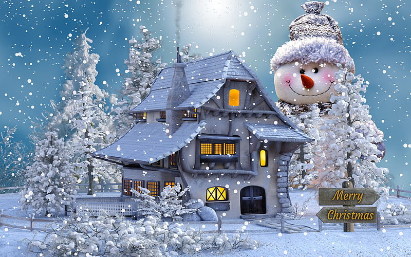 Merry Christmas, snowman, winter, snow, evening, house, winter landscape, Christmas, HD wallpaper