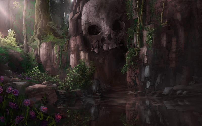 The cave, art, fantasy, green, digital, island, skull, cave, HD wallpaper