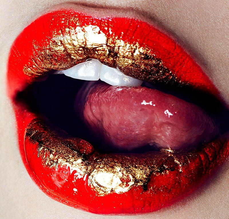 Red and golden, red, mouth, naughty, golden, lips, woman, lipstick, tongue, HD wallpaper