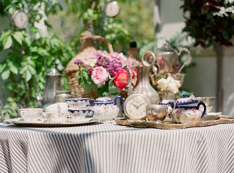 garden tea time, tea time, garden, chic, teable setting, HD wallpaper