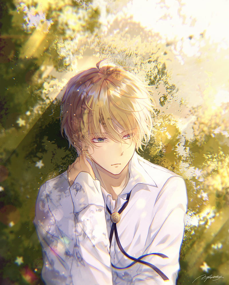 anime, Male, blonde, sunlight, white flowers, shrubbery, plants, green eyes, wind...