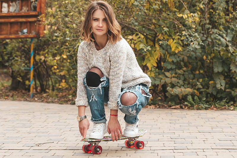 Women, Mood, Jeans, Skateboard, Sneakers, HD wallpaper