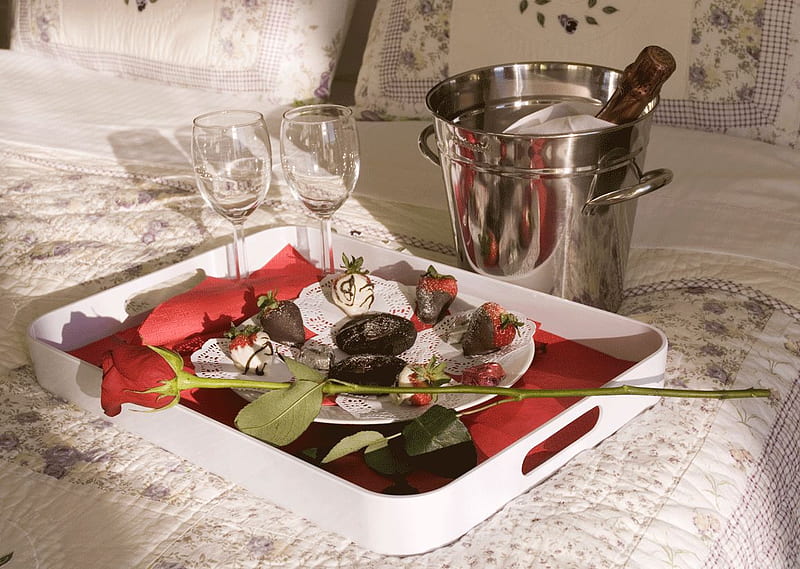 Romance, rose, bottle, wine, chocolate, glasses, server, bucket, bed, fruit, strawberries, plate, wineglasses, HD wallpaper