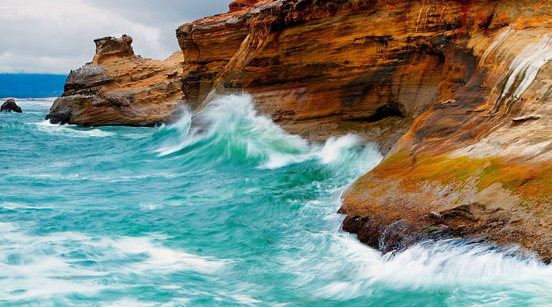 azure waves battering rocky coast, azure, rocks, waves, sea, HD wallpaper