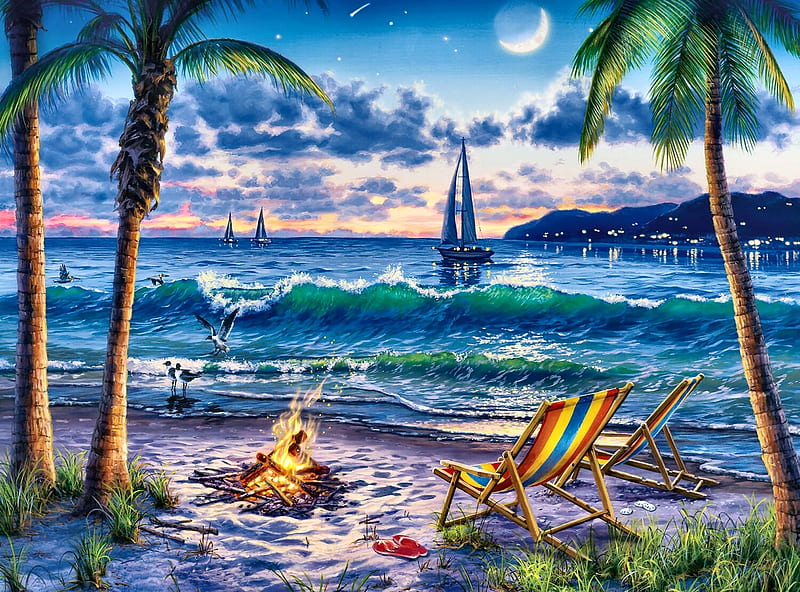 Coastal Twilight FC, art, shore, seas, ocean, bonito, artwork, palm trees, beach, sand, painting, wide screen, scenery, sailboat, coast, HD wallpaper
