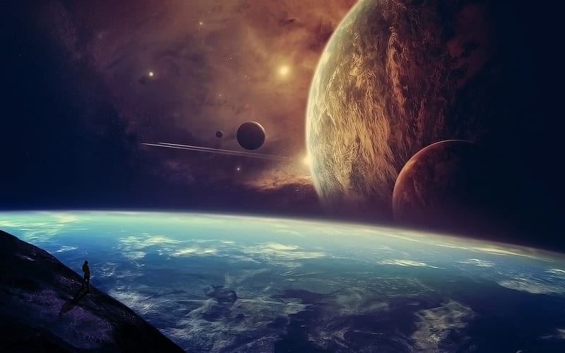 Planets, stars, moons, space, man, clouds, watching, atmosphere, observing, human, planet, dust, galaxies, star, HD wallpaper