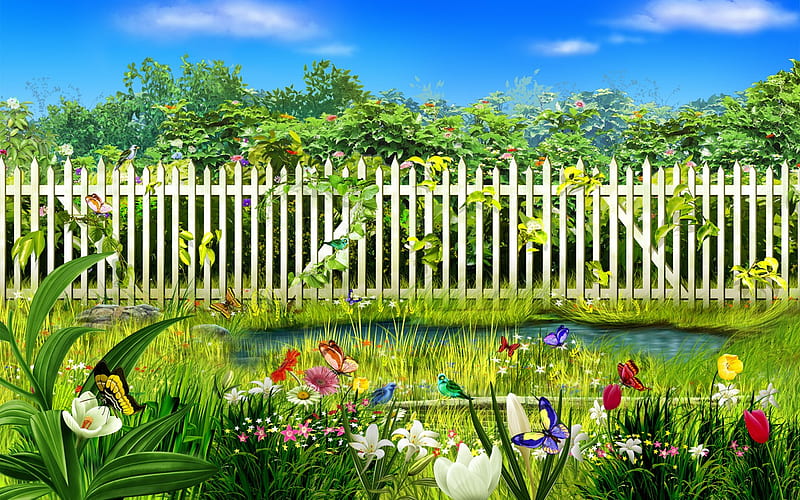 Spring Picket Fence, fence, grass, bonito, clouds, fantasy, green, colorsful, flowers, art, amazing, wings, greenery, birds, butterflies, spring, white picket fence, sky, water butterflies, trees, abstract, pond, paradise, plants, digital, garden, white, landscape, HD wallpaper