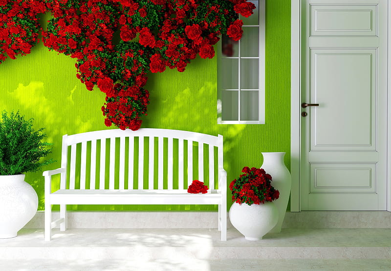 ❤️, Roses, Graphic, Bench, House, HD wallpaper