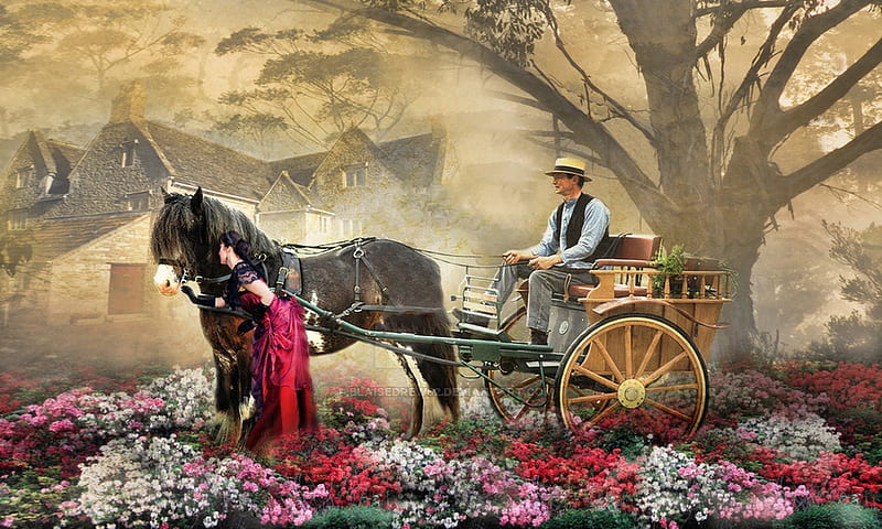 Spring Sunday Drive, Vintage, buggy, flowers, man, woman, horse, carriage, HD wallpaper